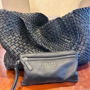 Black leather woven bag